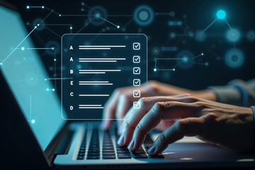 Students take online quizzes through the university website, knowledge testing concepts, fill out application forms, competence assessments, and online learning.