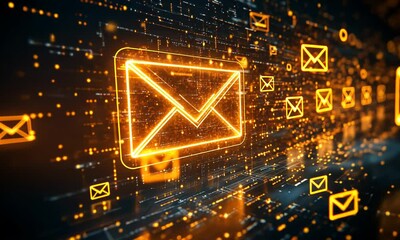 Wall Mural - digital email symbols on a data stream background.