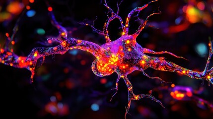 Wall Mural - a vibrant depiction of a neuron with intricate branches and glowing synapses, illustrating its vital