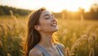© Bondgofoto - A joyful woman closes her eyes amid nature, wireless earbuds in place. Immersed in calming sounds, she radiates mindfulness and pure relaxation in the moment.