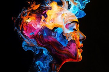 Wall Mural - a vivid, conceptual explosion of ideas, with a colorful human head dissolving into inked patterns sy
