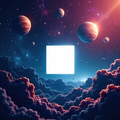 cosmic background with abstract white square shape hovering above stars and planets , futuristic ele