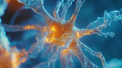 Wall Mural - close-up of a neuron, capturing the beauty of its intricate structure and glowing synapses against a
