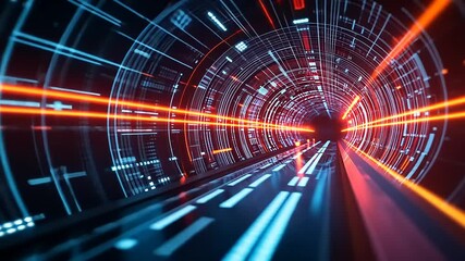 Wall Mural - Futuristic Digital Tunnel with Bright Lights and Data Streams