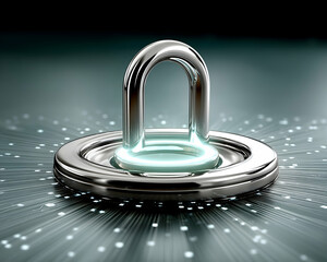 Wall Mural - futuristic metallic padlock on glowing fiber optic platform
