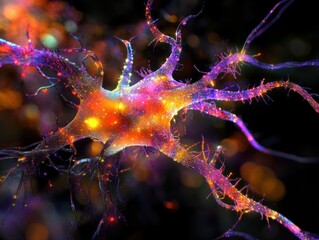 Wall Mural - neuron detailed representation, with unique shape, extensions, and glowing connections essential for