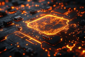 Fototapete - A close-up view of a computer chip with glowing orange lines and dots