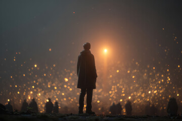Aufkleber - Man standing on a rooftop watching fireworks in the distance. 