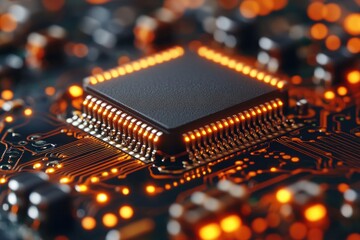 Fototapete - A Microchip with Circuitry and Electronic Components