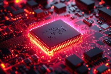 Fototapete - Microchip on a Circuit Board: A Close-Up View of Computer Hardware Components