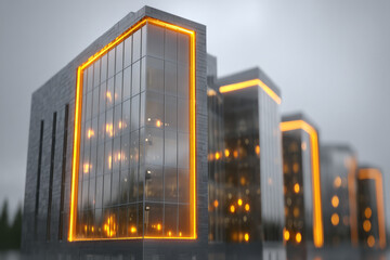 Aufkleber - Modern office building with glass facade at dusk.