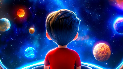 Wall Mural - Child exploring colorful universe from spaceship window