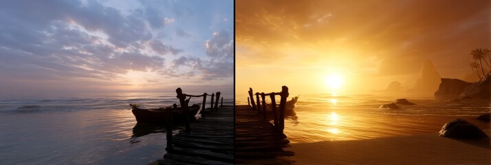 Wall Mural - Serene Sunset Beachscape - A tranquil beach scene at sunset, showcasing a wooden pier and the golden hues of the sun reflecting on the water