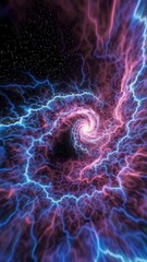Wall Mural - a mesmerizing video concept of a swirling galaxy with electric blue and pink hues, captured from a t