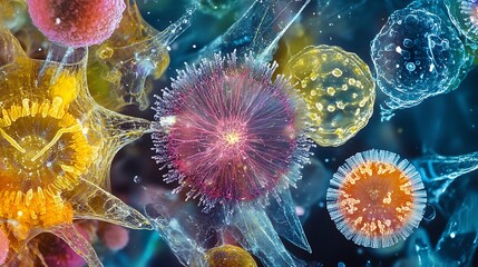 Wall Mural - vibrant microscopic imagery of virus-like particles, highlighting intricate details and textures wit