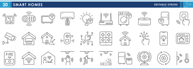 A set of line icons related to Smart Homes. Smart, Wi-Fi, technology, automation, home appliances, fire, button, command, and so on. Vector editable stroke.