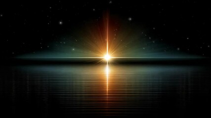 Wall Mural - Bright Starburst Over Water Reflections Under Starry Sky, Abstract Dark Horizon, Energy