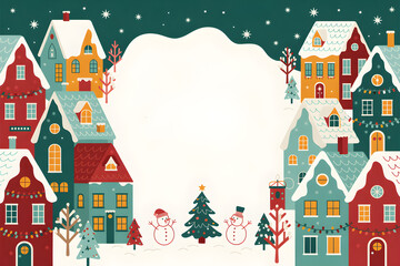 Wall Mural - christmas village with snowmen celebrating christmas eve under snowfall