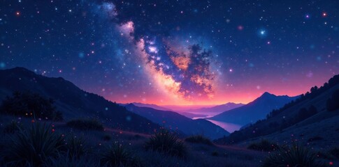shiny starry night landscape with dark space and shooting stars, dark, astronomy, cosmic