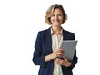 © f_bossa - Business portrait isolated on white transparent background: A confident businesswoman with shoulder-length blonde hair smiles while holding a notebook and tablet in a professional setting.