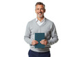 © f_bossa - Business portrait isolated on white transparent background: A smiling middle-aged man with graying hair and a salt-and-pepper beard confidently holds a teal notebook while standing against a plain w