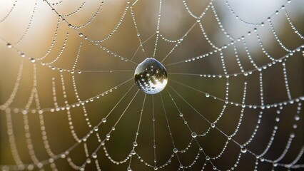A detailed close-up of a spiderweb glistening with numerous water droplets, showcasing its intricate structure against a blurred green and brown background