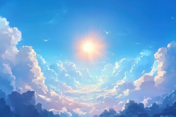 vast sky, bright sun, fluffy clouds