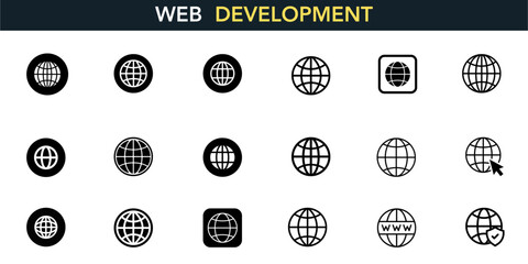 Web Development icon set. Containing online, computer, network, website, server, web design, hardware, software, and programming. Solid icons vector collection.