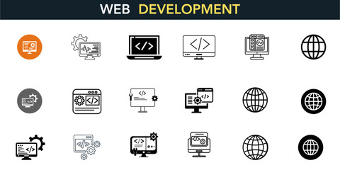 Web Development icon set. Containing online, computer, network, website, server, web design, hardware, software, and programming. Solid icons vector collection.