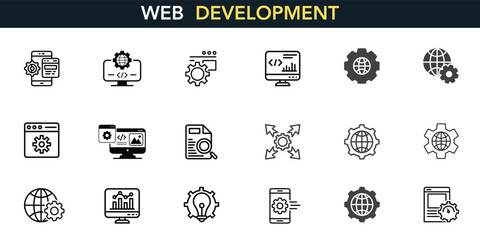Web Development icon set. Containing online, computer, network, website, server, web design, hardware, software, and programming. Solid icons vector collection.