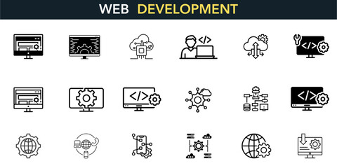 Web Development icon set. Containing online, computer, network, website, server, web design, hardware, software, and programming. Solid icons vector collection.