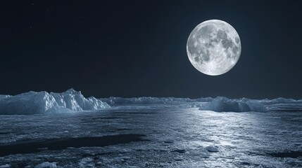 Wall Mural - The bright full moon shining over a frozen landscape at night