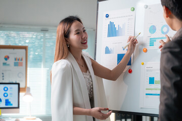 Poster - Businesswoman explaining charts on whiteboard to her colleague in the office