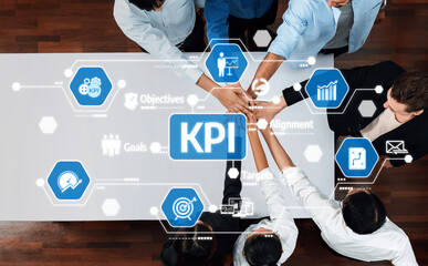 Aufkleber - A diverse team collaborates to set key performance indicators (KPIs) for effective business strategy alignment, fostering engagement and productivity in a modern workspace. Amity