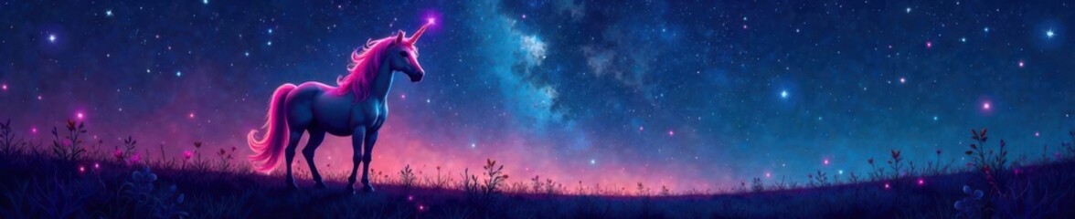 colorful unicorn stands alone on starry night sky with glittering stars behind , stars, magic