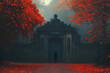© Shakhnoza - Person standing at gate framed by vibrant red leaves, creating a striking autumn scene.