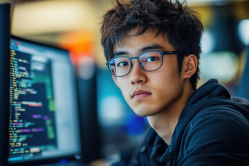 Young man in glasses focused on computer screen.
