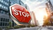 © watchirachat - Traffic control stop sign in urban cityscape hyperrealistic imagery evening light minimalist design