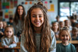 © Natalia - Young girl smiles in front of classmates during outdoor science experiment, surrounded by bubbling beakers and colorful test tubes.