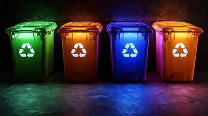 Recycling infographic setup using real plastic bins under strong light, plastic bin recycling, creative display, bright educational setting
