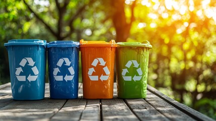 Recycling infographic setup using real plastic bins under strong light, plastic bin recycling, creative display, bright educational setting