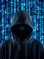 Hooded Figure Against Matrix - A mysterious hooded figure stands before a wall of code, symbolizing anonymity, secrecy, technology, hacking, and the world