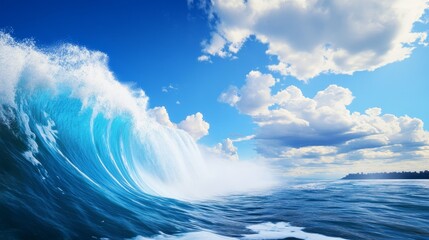 Wall Mural - Ocean Wave and Sky - Majestic ocean wave crashing under a bright blue sky with fluffy white clouds. A perfect nature scene