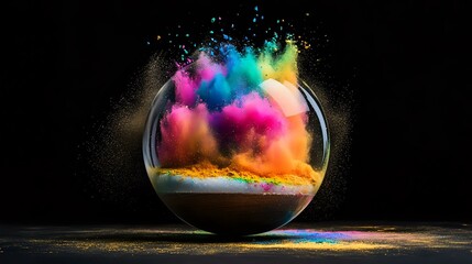 a floating snow globe releasing a multicolor holi powder cloud with vibrant lighting on a black back