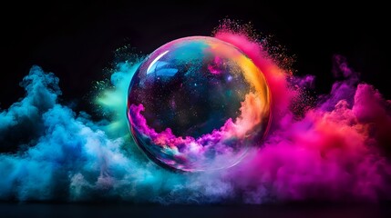 A smooth crystal orb with Holi color bursting around it in vibrant clouds against a black background with bright exposure and clarity