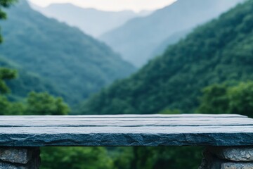 Poster - Empty stone table showcasing misty mountain landscape for natural products
