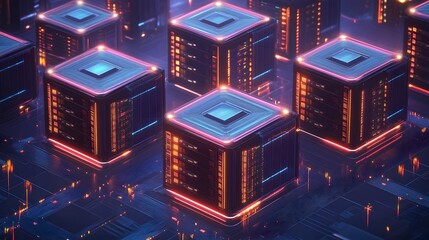 Cybernetic Network: Futuristic, vibrant array of interconnected digital processors. Illuminated by an advanced, tech-inspired aesthetic and the convergence of technology and innovation. 