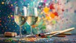 © MKS - Art and wine night banner with paintbrushes wine glasses and creative splashes of color ready to advertise summer sip and paint deals