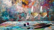 © MKS - banner for art and wine night featuring paintbrushes wine glasses and vibrant splashes of color to promote summer sip and paint offers