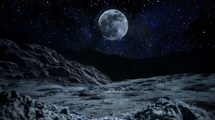 mystical lunar landscape under a starry night sky, serene cosmic view